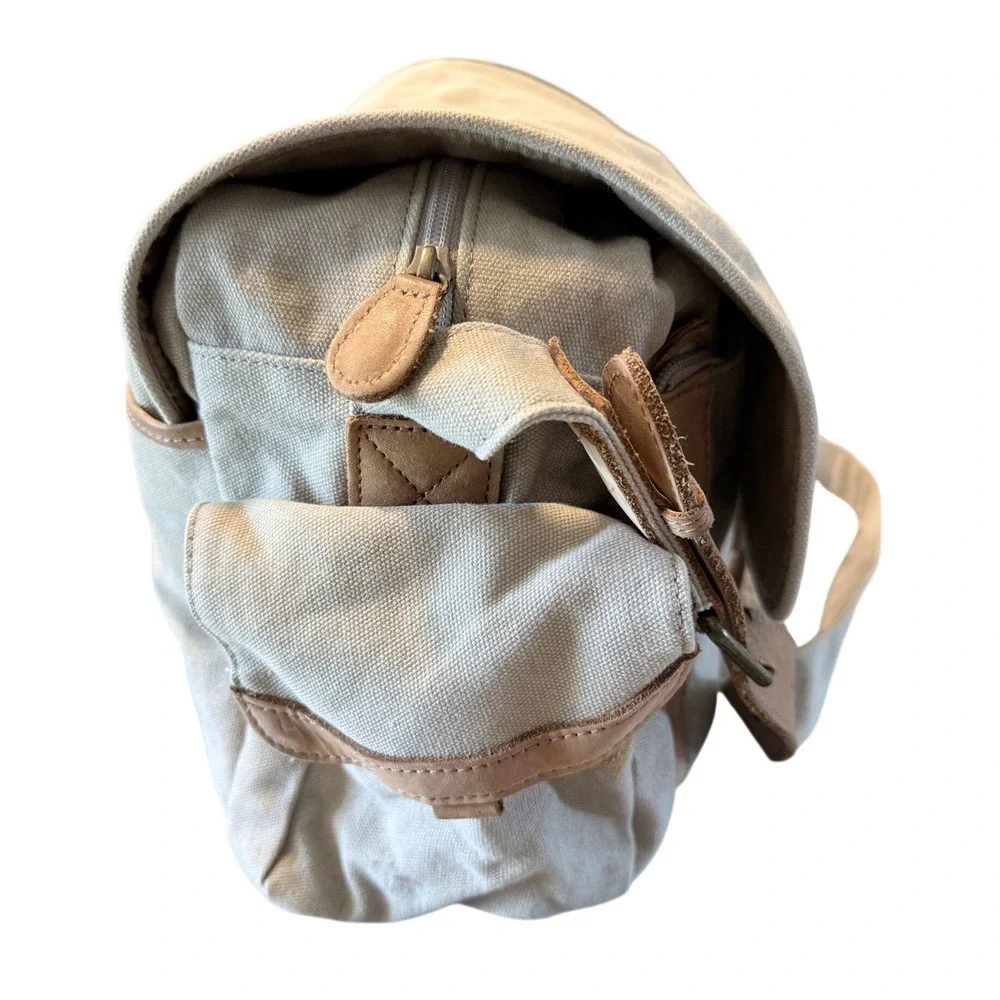 LL Bean Canvas Leather Messenger Bag Beige Crossbody Shoulder Bag CNLP0747